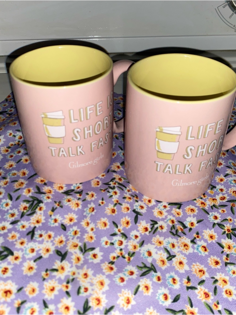 2x Pink Ceramic Mug with Yellow Interior - Life Shows Talk Fast Gilmore Girls